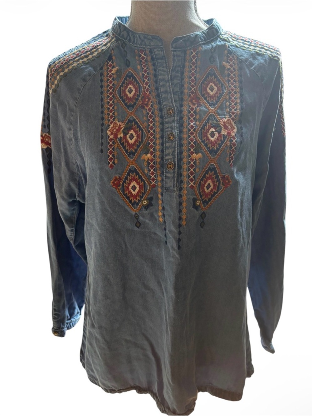 REBA Boho Embroidered Chambray Denim Tunic Top Western Southwest M Cottagecore - Picture 2 of 11